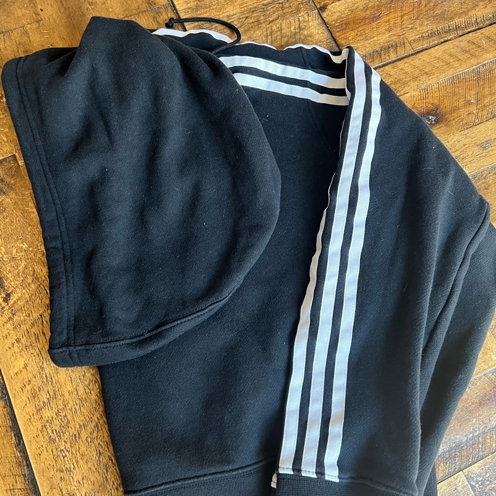Adidas Black Hoodie with White Stripes pit 22 length 18 - Picture 4 of 5